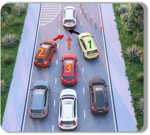 Three lanes merging into one, in order 1-2-3