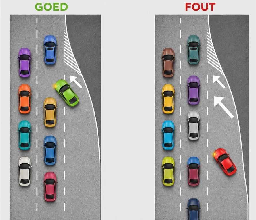 Top view: correct versus incorrect zip merging