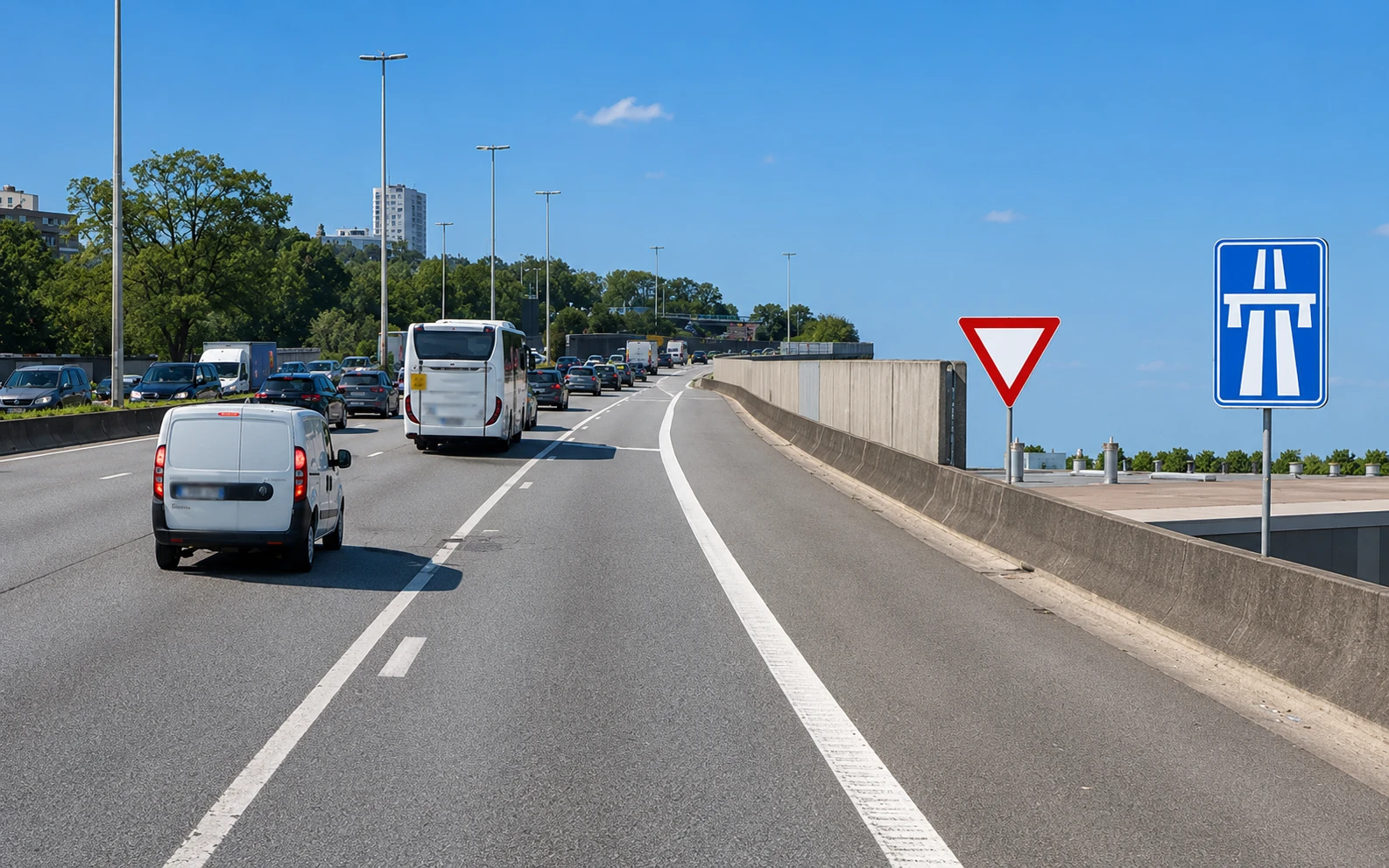 On-ramp of a highway with yield sign and highway sign