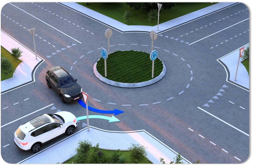 Cars entering and exiting the roundabout with arrows