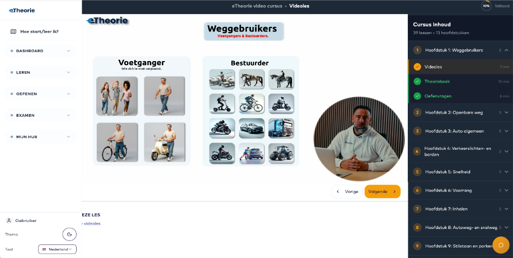 eTheorie online leerplatform met videolessen, cursusinhoud en instructeur Mathieu