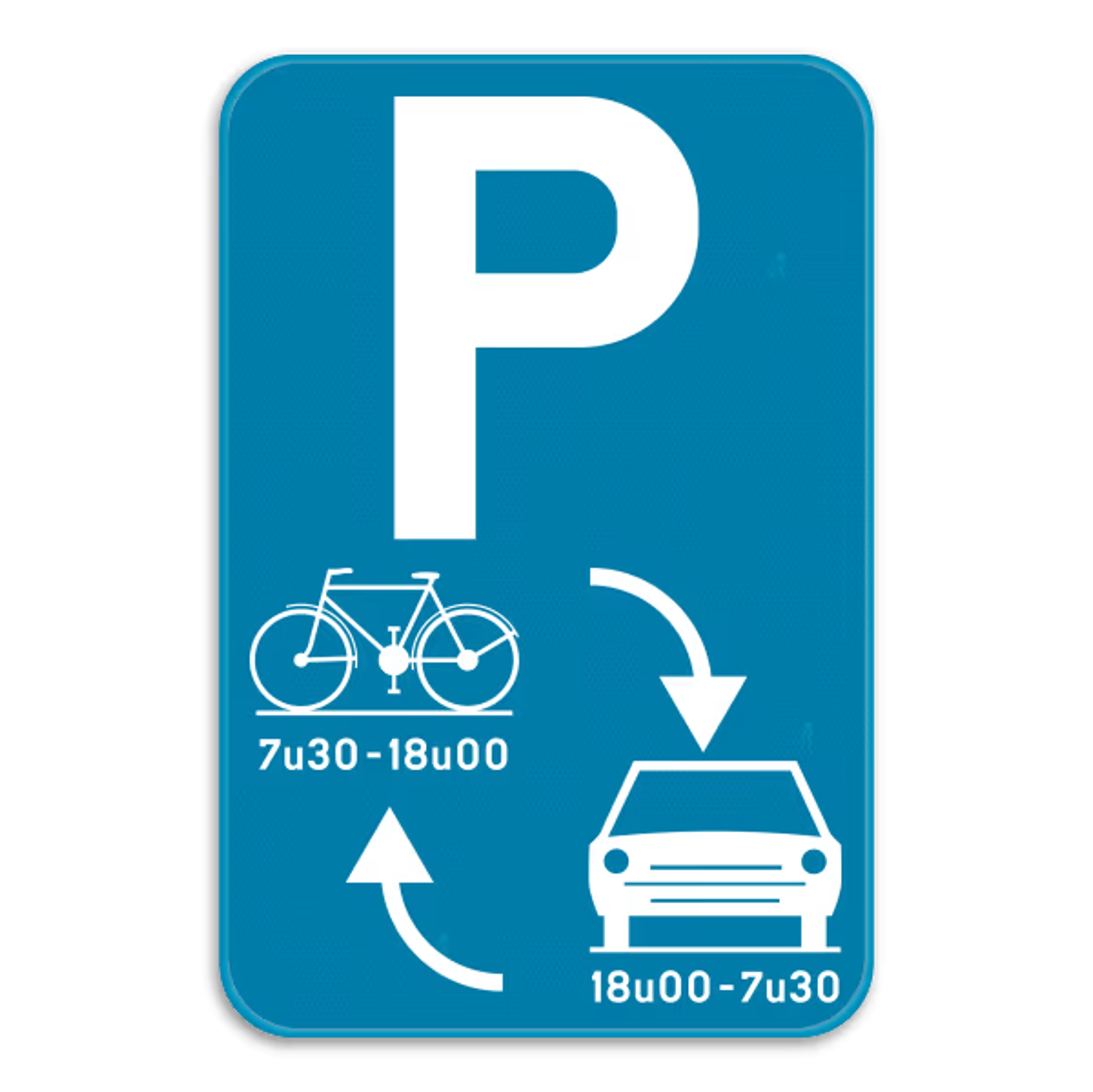 Bord E9j parkeren voorbehouden fietsen en autos per tijdspanne